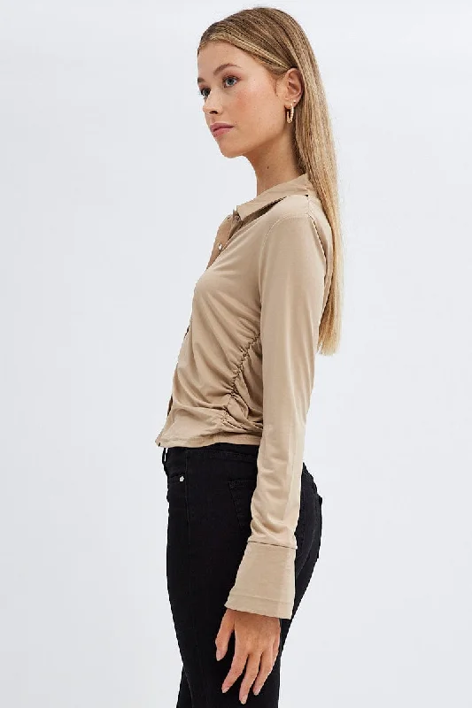 Beige Long Sleeve Shirt Collared Side Ruched