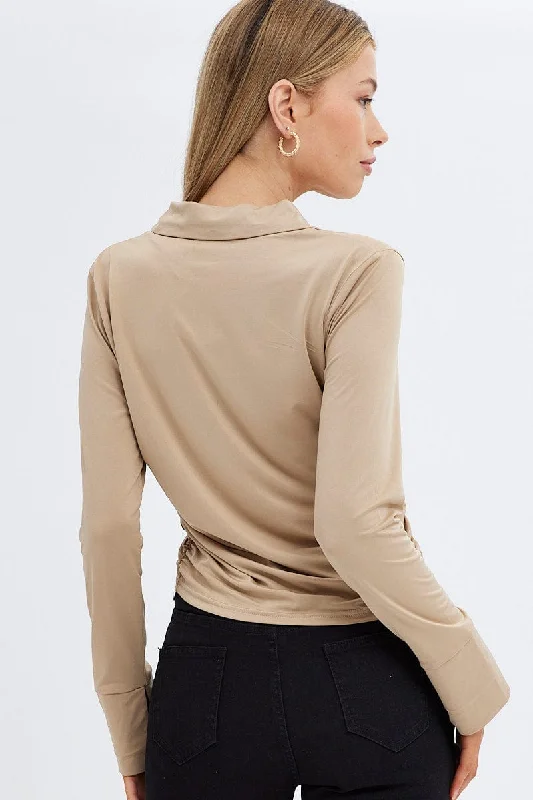 Beige Long Sleeve Shirt Collared Side Ruched