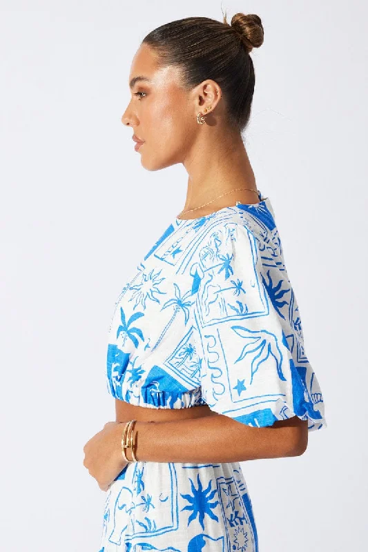 Blue Abstract Crop Top Short Sleeve