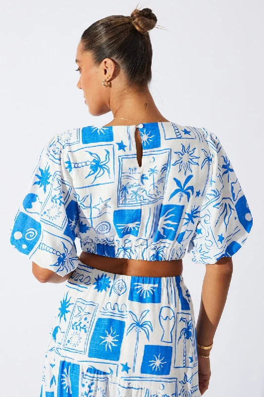 Blue Abstract Crop Top Short Sleeve