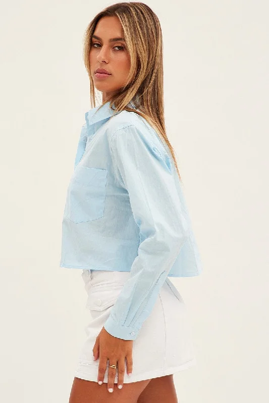 Blue Crop Shirt Long Sleeve Collared Oversized Fit