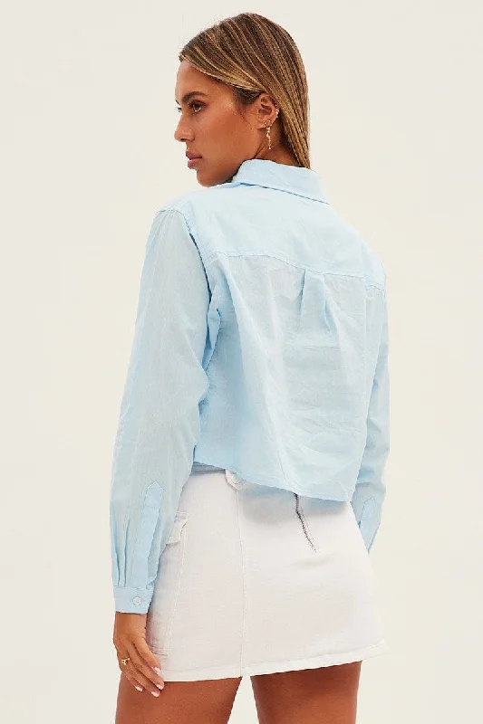 Blue Crop Shirt Long Sleeve Collared Oversized Fit