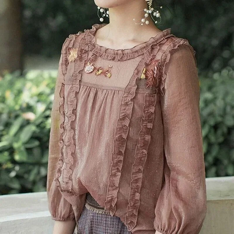 Chic Embroidered Round Neck Blouse