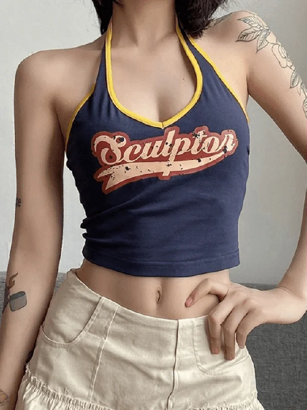 BerryBetty - Logo Print Halter Cropped Tank Top