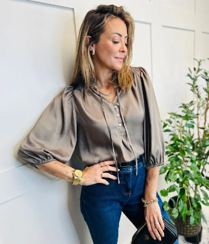 Mocha Tie Neck Popover Blouse