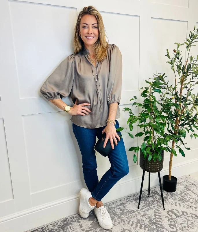 Mocha Tie Neck Popover Blouse