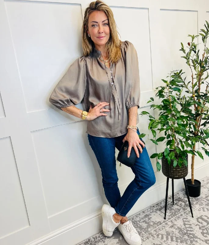 Mocha Tie Neck Popover Blouse