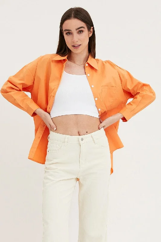 Orange Relaxed Shirts Long Sleeve Button Up