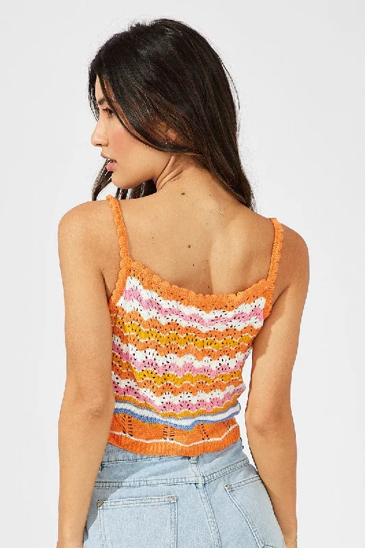 Orange Stripe Knit Singlet Sleeveless Scoop Neck Crochet