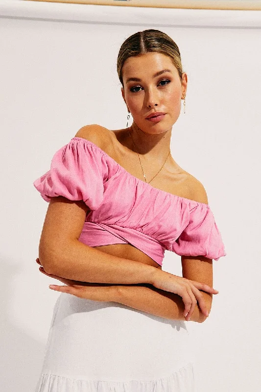 Pink Crop Top Short Sleeve Sweetheart Neckline Tie Back