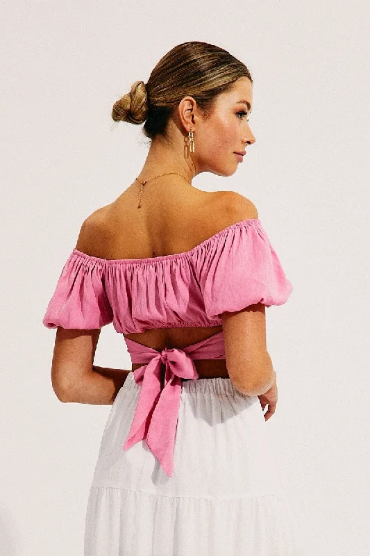 Pink Crop Top Short Sleeve Sweetheart Neckline Tie Back