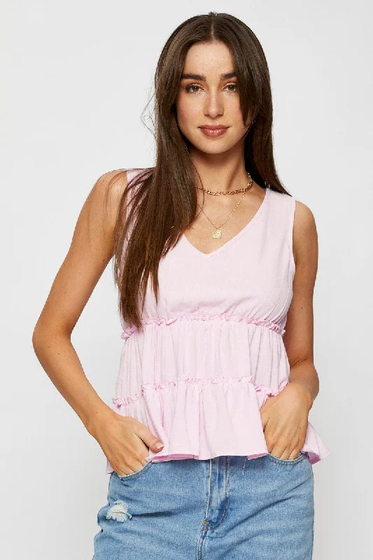 Pink Peplum Blouse Sleeveless V-Neck