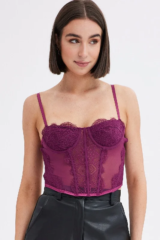 Purple Crop Top Sleeveless Sweetheart Neckline Cami Lace