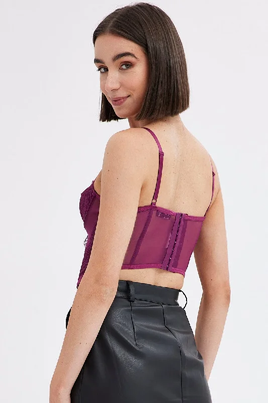 Purple Crop Top Sleeveless Sweetheart Neckline Cami Lace