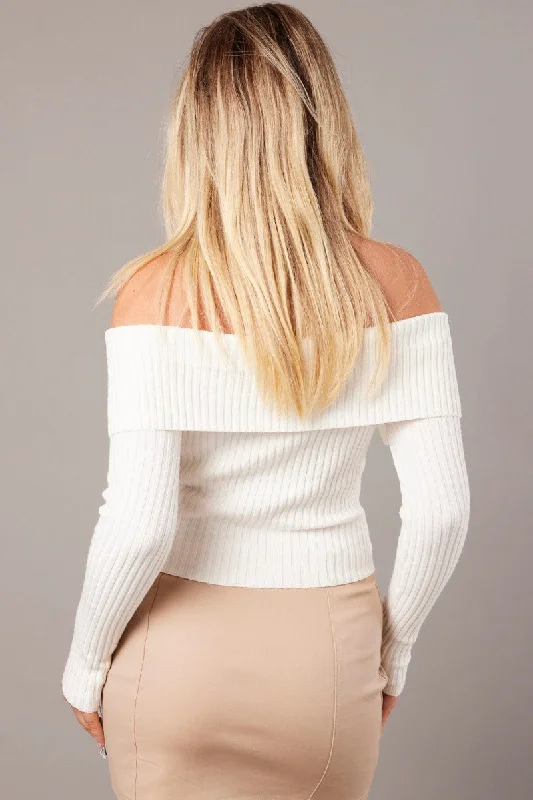 White Off Shoulder Knit Top Long Sleeve