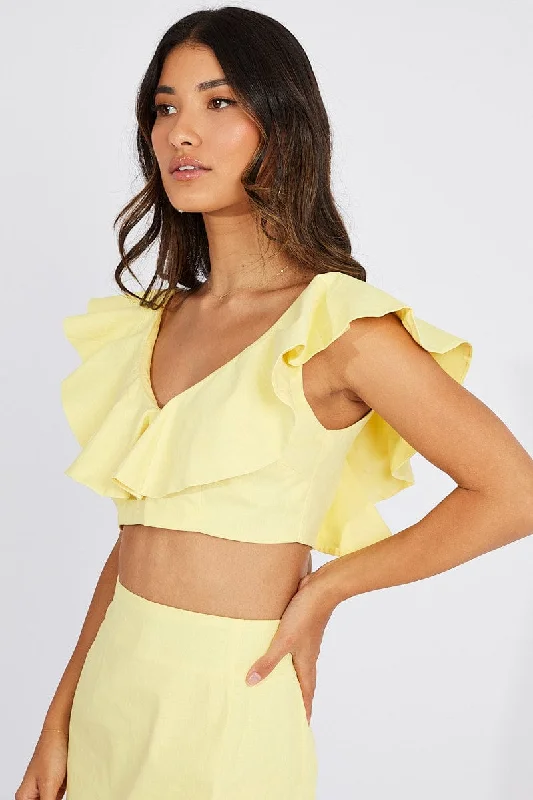 Yellow Plunge Crop Top Ruffle Shoulders