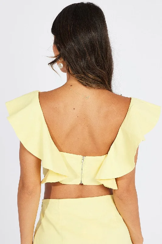 Yellow Plunge Crop Top Ruffle Shoulders