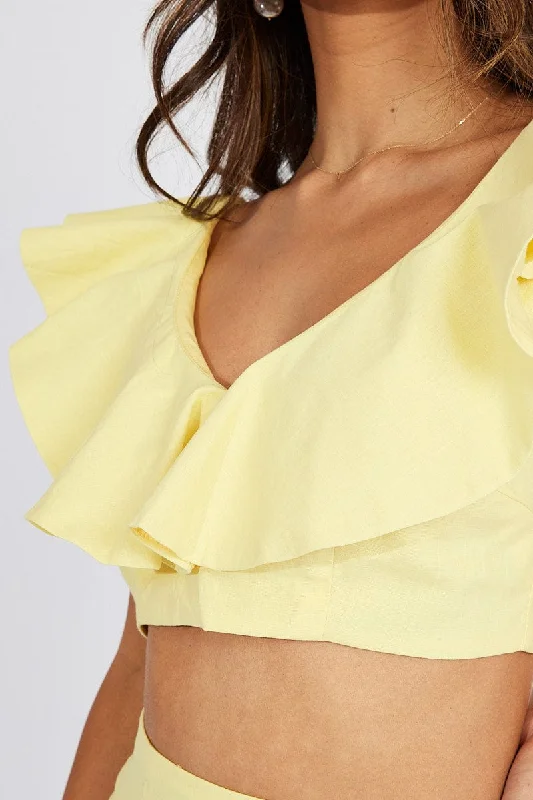 Yellow Plunge Crop Top Ruffle Shoulders