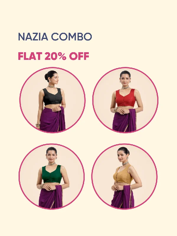 Nazia x Rozaana | Sleeveless FlexiFit™ Saree Blouse with Front Open Curved V Neckline with Deep Back and Dori Bestseller Combo @ 20% OFF