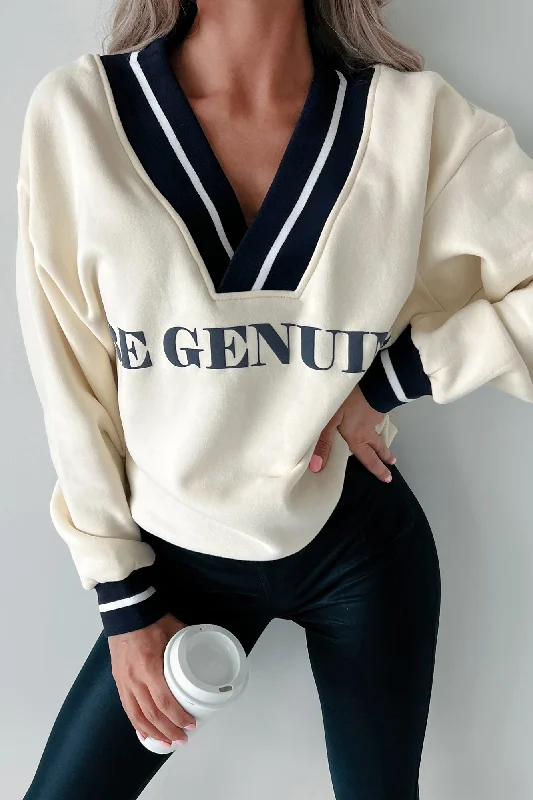 ""Be Genuine"" Varsity Stripe Graphic Sweater (Cream)