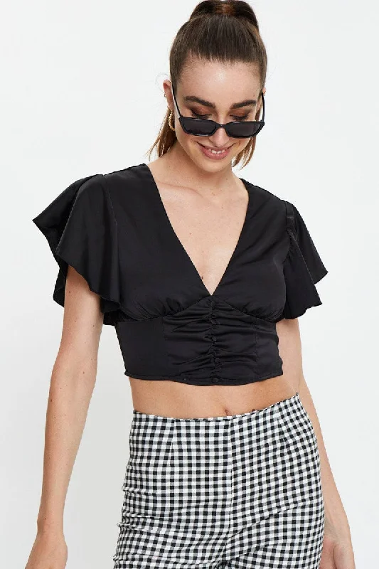 Black Button Front Satin Crop Top