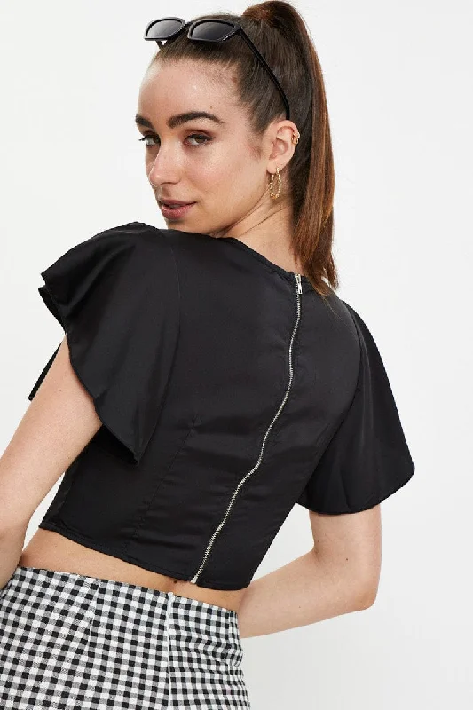 Black Button Front Satin Crop Top