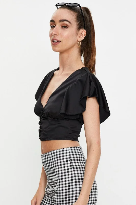 Black Button Front Satin Crop Top