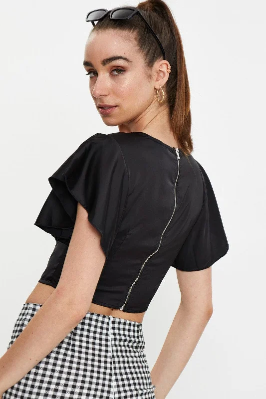 Black Button Front Satin Crop Top