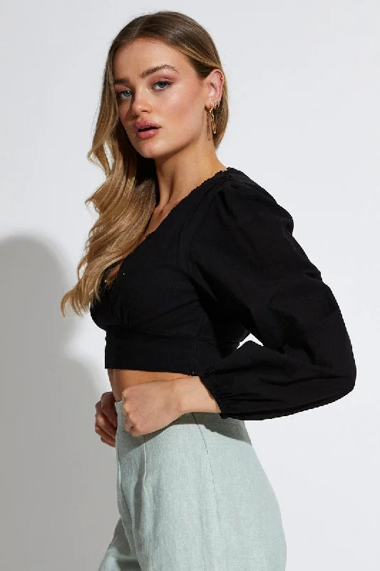 Black Crop Top Long Sleeve V-Neck