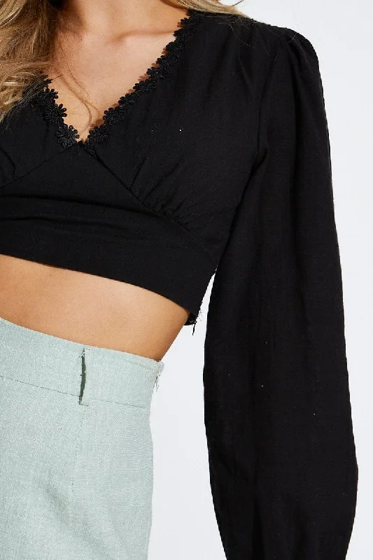 Black Crop Top Long Sleeve V-Neck