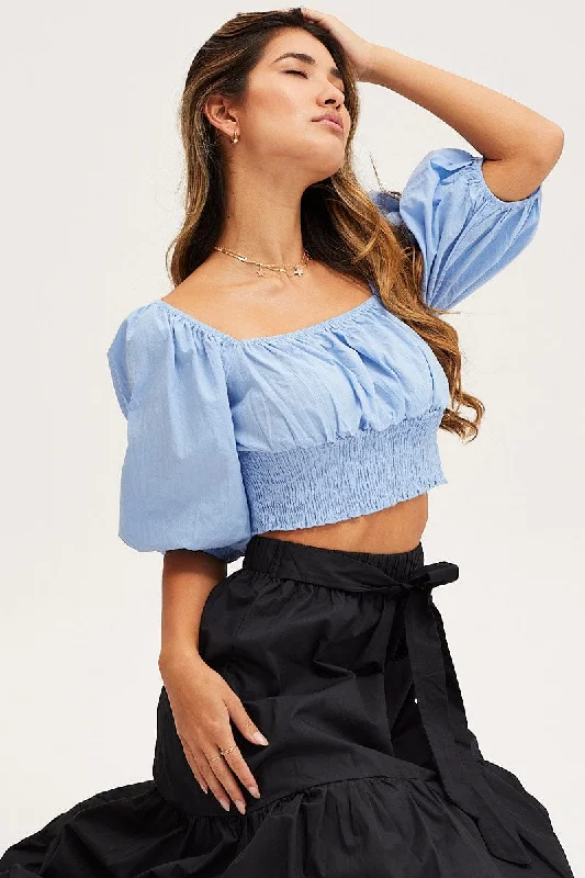 Blue Crop Top Short Sleeve Square Neck