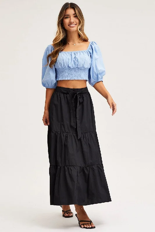 Blue Crop Top Short Sleeve Square Neck