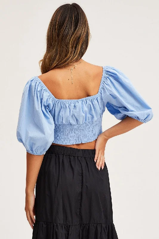 Blue Crop Top Short Sleeve Square Neck