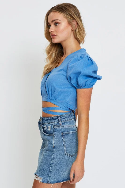 Blue Crop Top Short Sleeve Tie Up