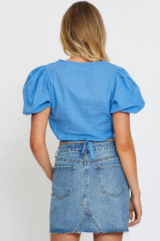 Blue Crop Top Short Sleeve Tie Up