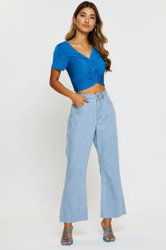 Blue Slinky Top Short Sleeve Crop