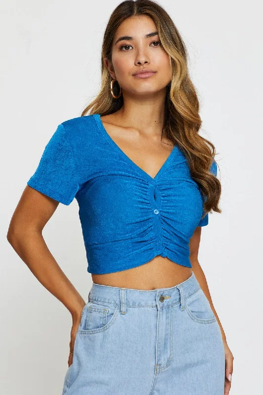 Blue Slinky Top Short Sleeve Crop