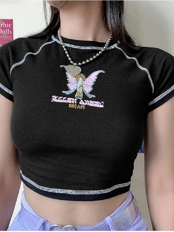 Butterfly Graphic Letter Printing Stitch Green O-neck Short Sleeve Vintage BF Clothing Crop Tops