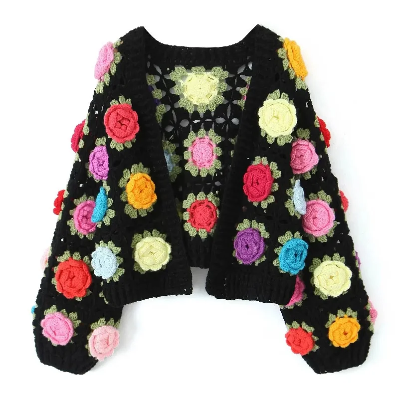 Autumn Hollow Out Splice Flower Short Street Fashion Vitage Sweater