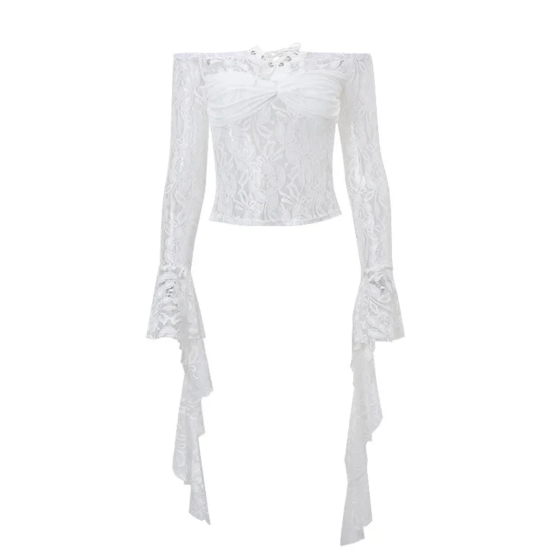 Off Shoulder Lace White Drape Long Sleeve Holiday Casual Sexy Femme Crop Top