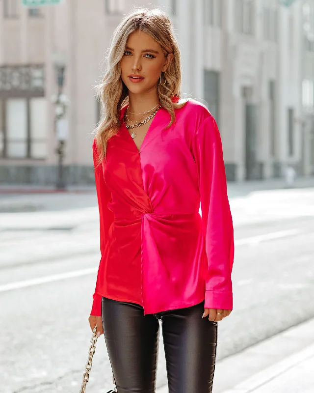 MegaBetty - Aella Satin Colorblock Twist Blouse - Red Magenta - FINAL SALE