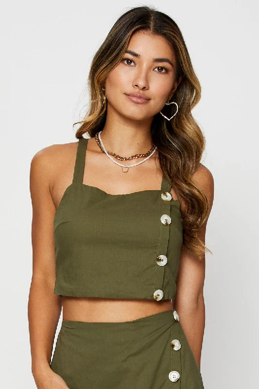 Green Crop Top Sleeveless Square Neck