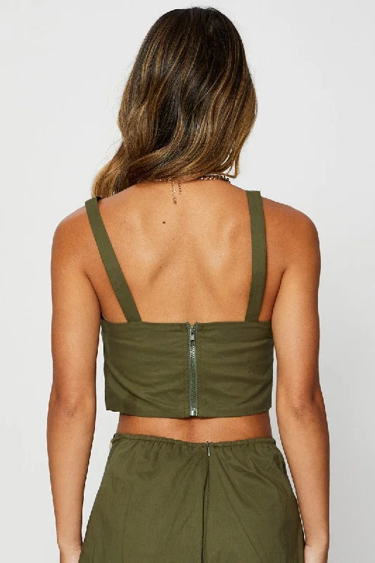 Green Crop Top Sleeveless Square Neck