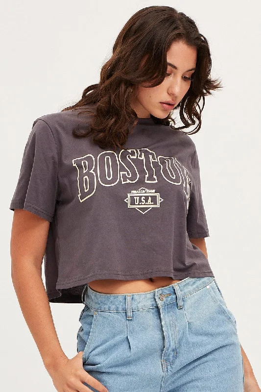 Grey Graphic T Shirt Short Sleeve Crop