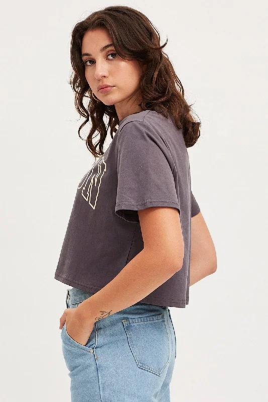 Grey Graphic T Shirt Short Sleeve Crop