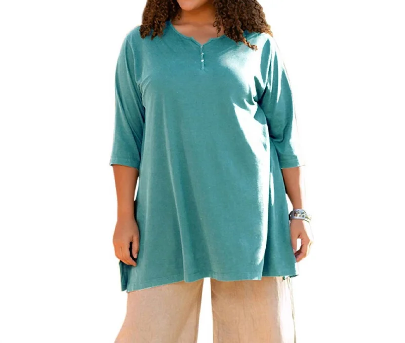 Jersey Henley 3/4 Sleeve Tunic - Plus In Emerald Green