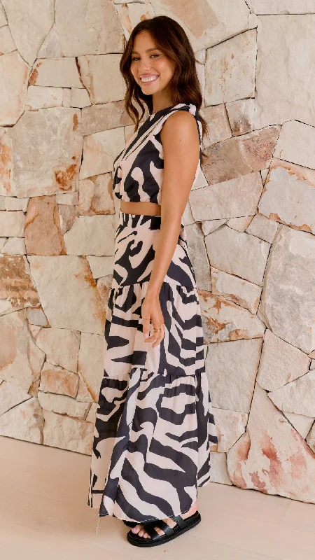 Lahoma Crop and Maxi Skirt Set - Black / Beige Zebra