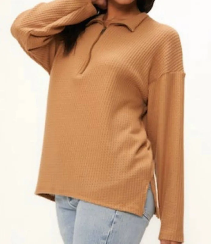 Last Kiss Cozy Half Zip Tunic In Caramel