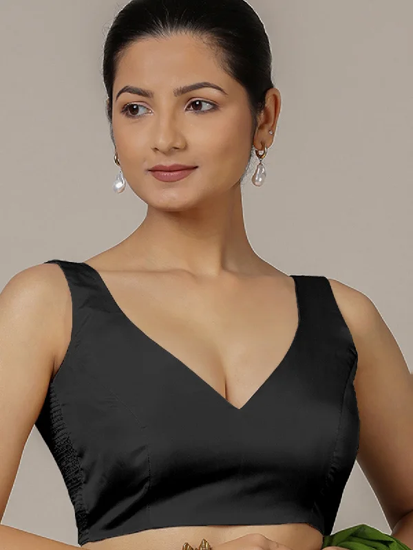 Raisa x Rozaana | Charcoal Black Sleeveless FlexiFit™ Saree Blouse with Simple V Neckline and Back Cut-out with Tie-Up