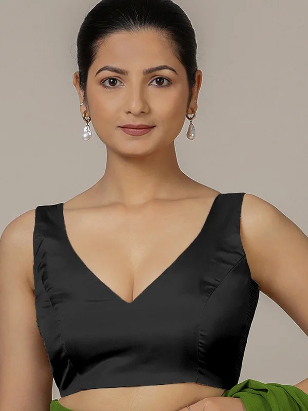 Raisa x Rozaana | Charcoal Black Sleeveless FlexiFit™ Saree Blouse with Simple V Neckline and Back Cut-out with Tie-Up